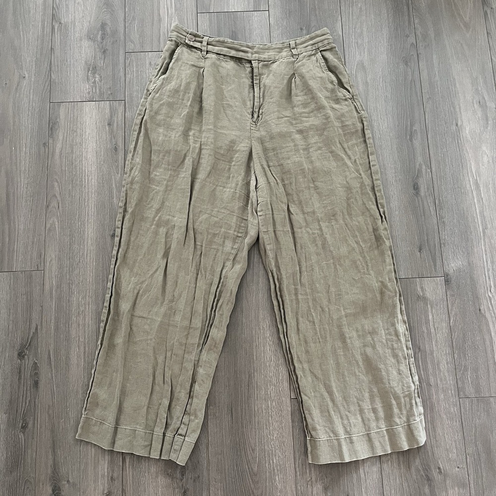 Madewell The Harlow Wide-Leg Pant Womens 14 100% Linen Khaki Pockets Pleated